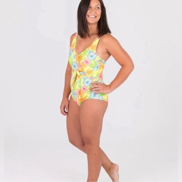 Ruffle Butts pink blue Floral Swimsuit one piece modest tie waist size medium - Picture 1 of 5